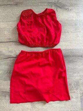 Red Two-Piece Rhinsestones Top and Skirt Dance Set